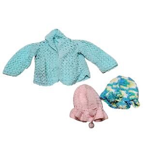 Vtg Small Junk Drawer Lot of Handmade Knit Baby Doll Clothes Sweater Hats
